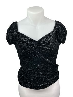 NEW Collectif Black Glitter Velvet Velour Short Sleeve Shirt Blouse Top Size 12